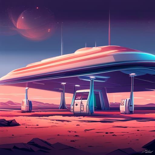 Retro-Futuristic Martian Gas Station in Anime Comic Style