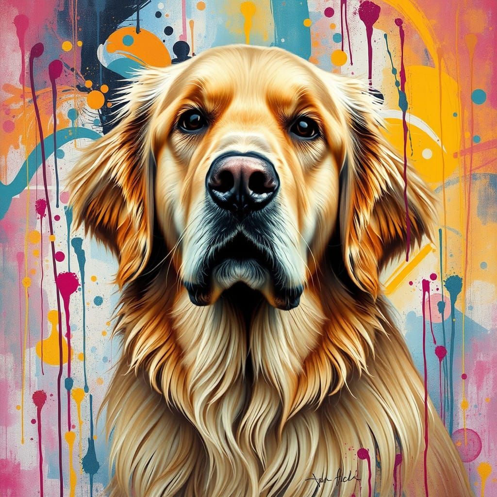 Vibrant Golden Retriever Portrait in Street Art Style