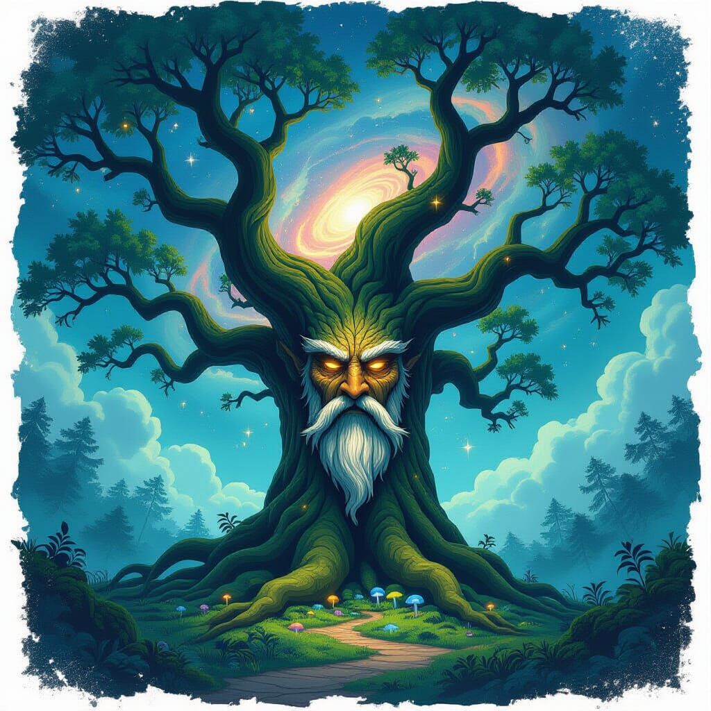 Ancient Oak Tree with Face in Nebula Sky