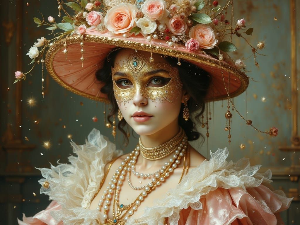 Masked Rococo Princess in Opulent Gown