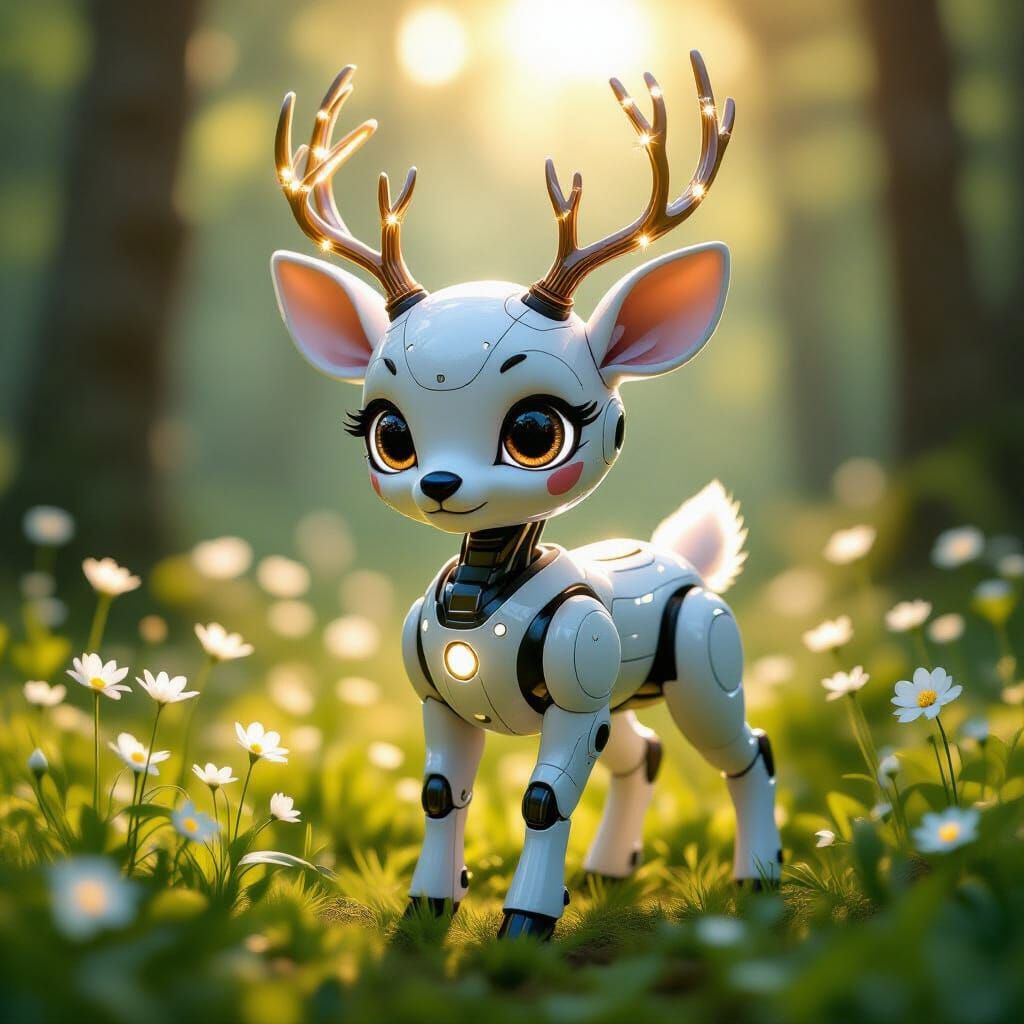 Robotic Fawn in Sunlit Forest, Glowing Fiber Optics