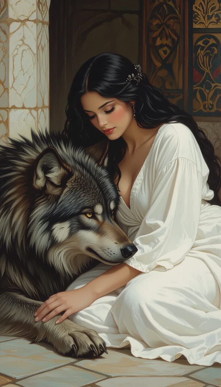 Intimate Supernatural Encounter: Woman and Werewolf in Paint...