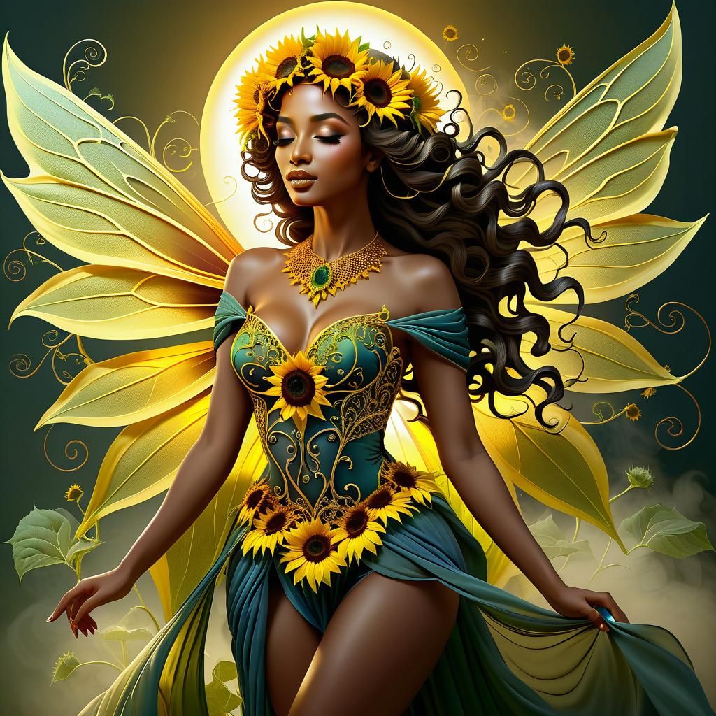 Luminous Sunflower Fairy in Gothic Fantasy Art