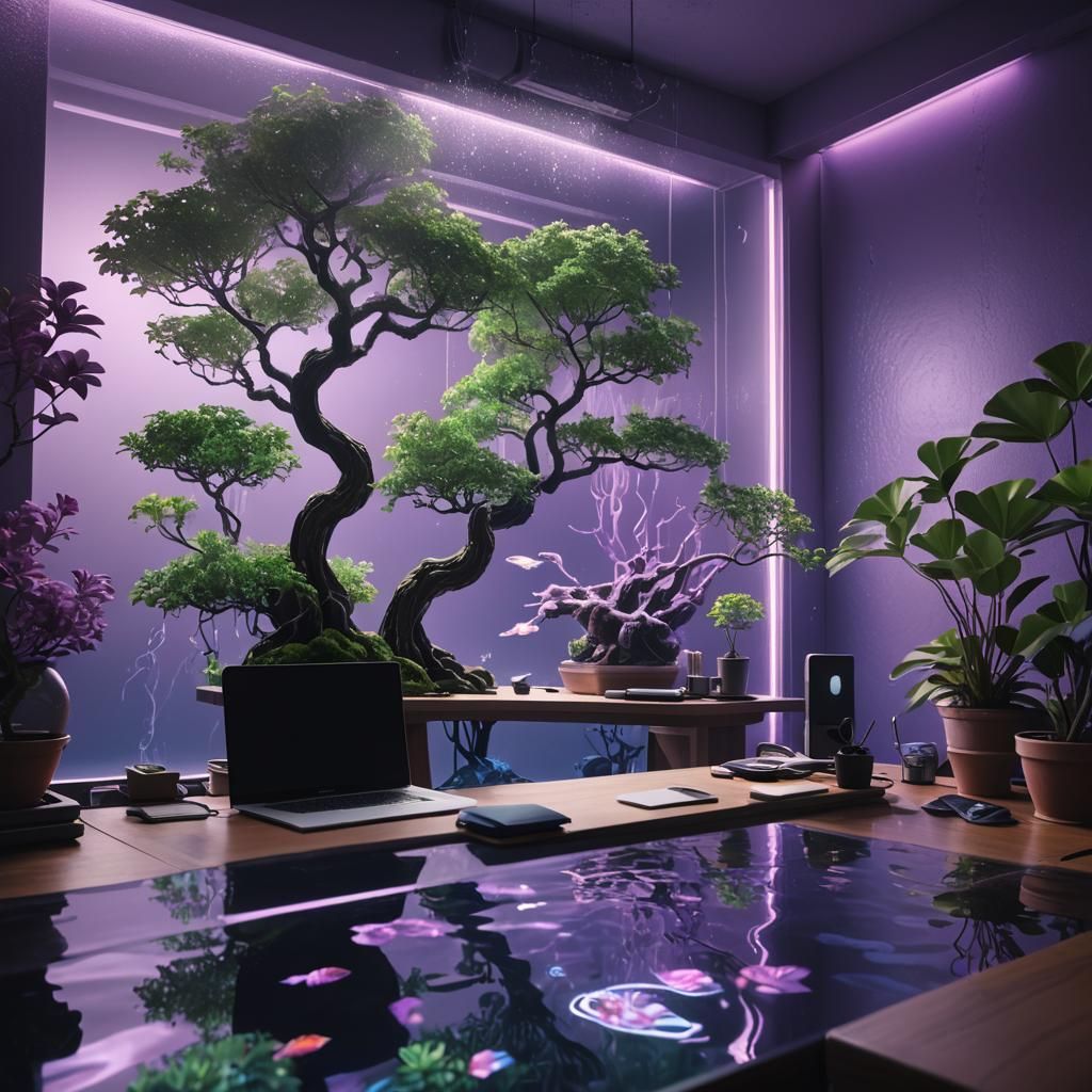 Immersive Study Space with Glowing Plantlife