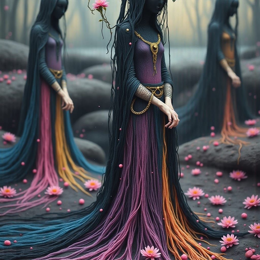 Fates Weaving Destiny in Vibrant Felted Wool Tapestry