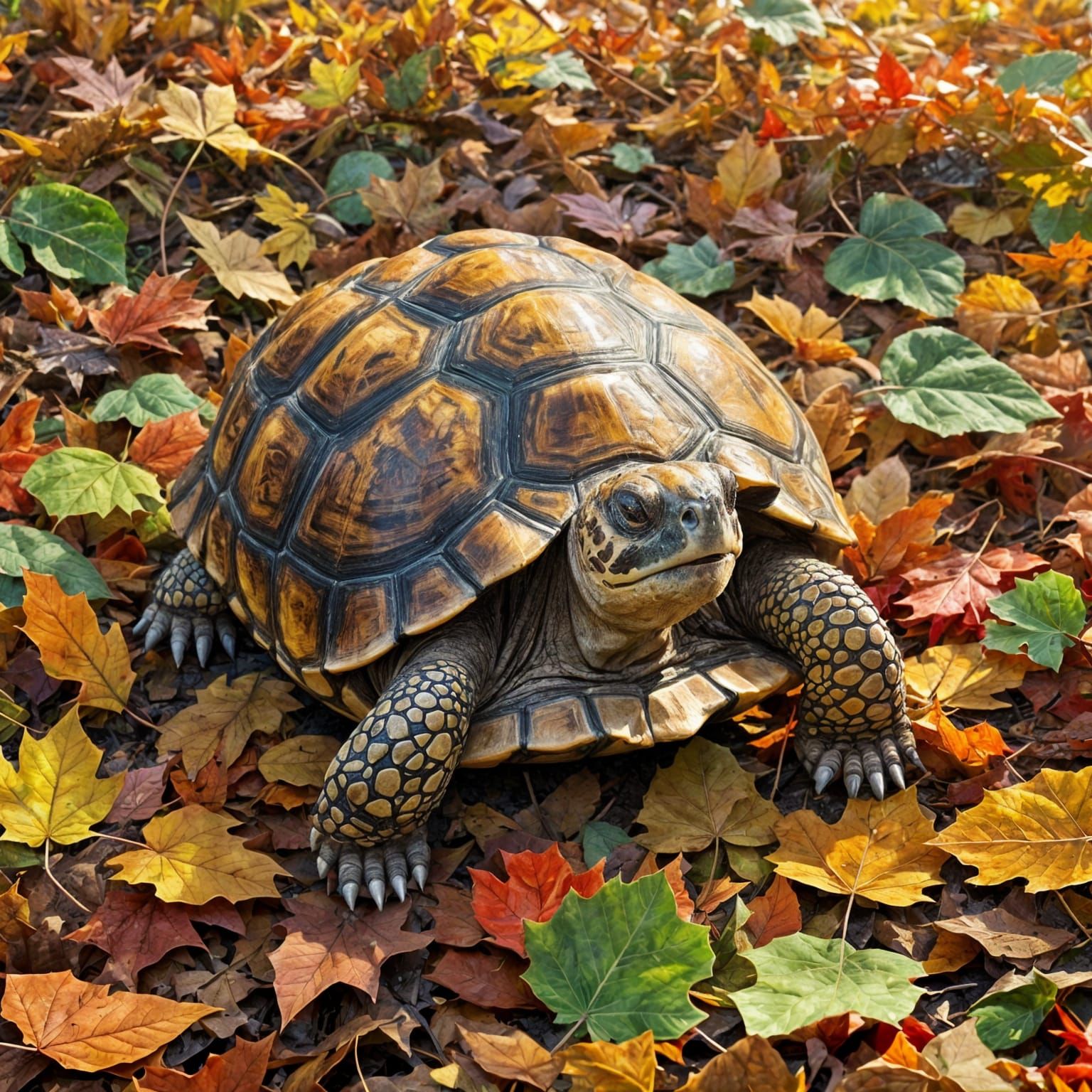 Happy Tortoise Playing in Autumn Leaves