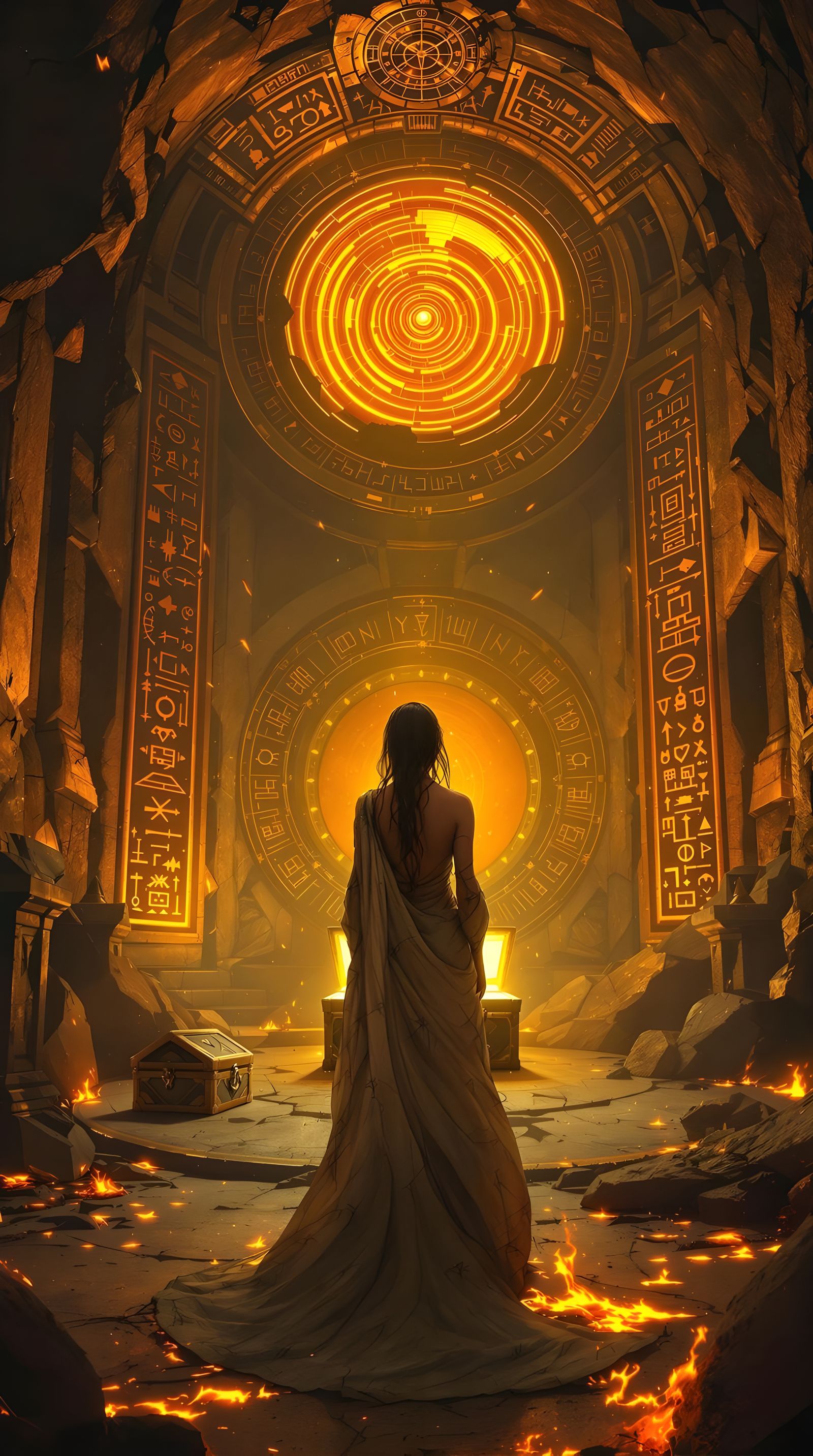 Seeress in Crumbling Observatory with Golden Light