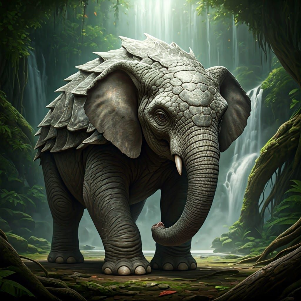Elephant-Ankylosaurus Hybrid in Jungle, Fantasy Concept Art