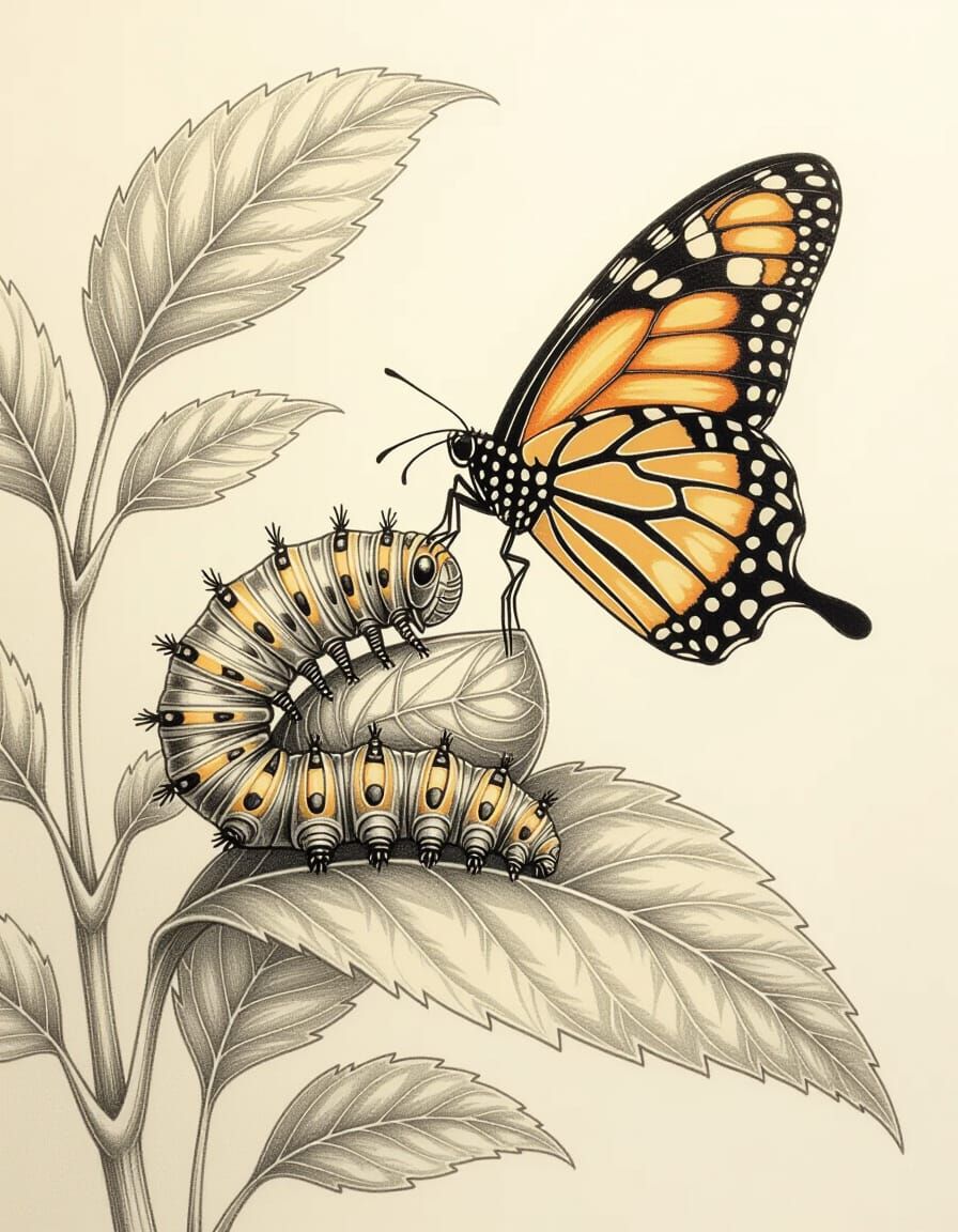 Pencil Sketch of Caterpillar Metamorphosis to Butterfly