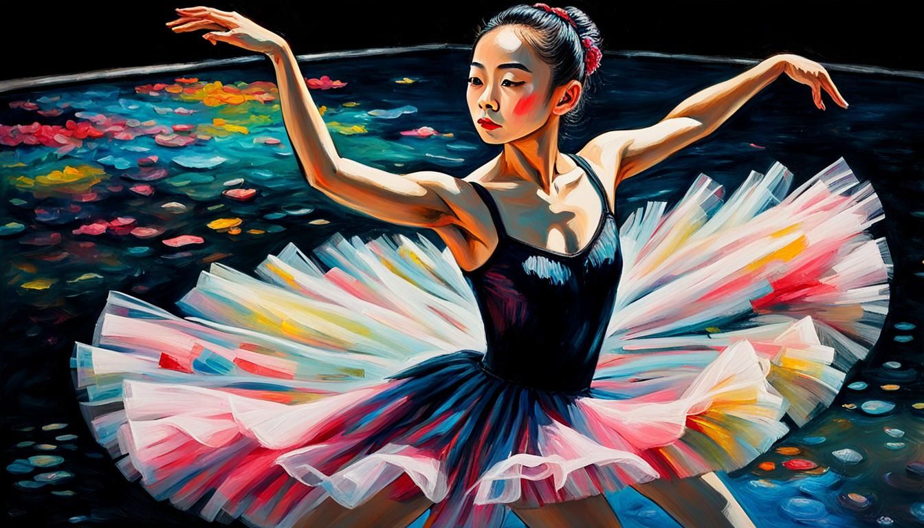 Asian Ballet Dancer in Tulle Tutu: 3D Charcoal