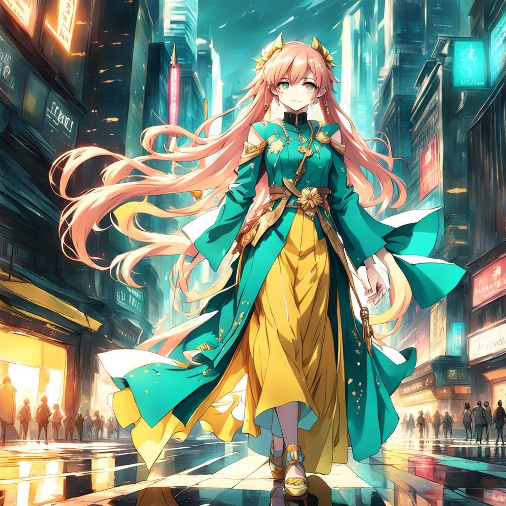 Anime Woman with Pink Hair in Cityscape