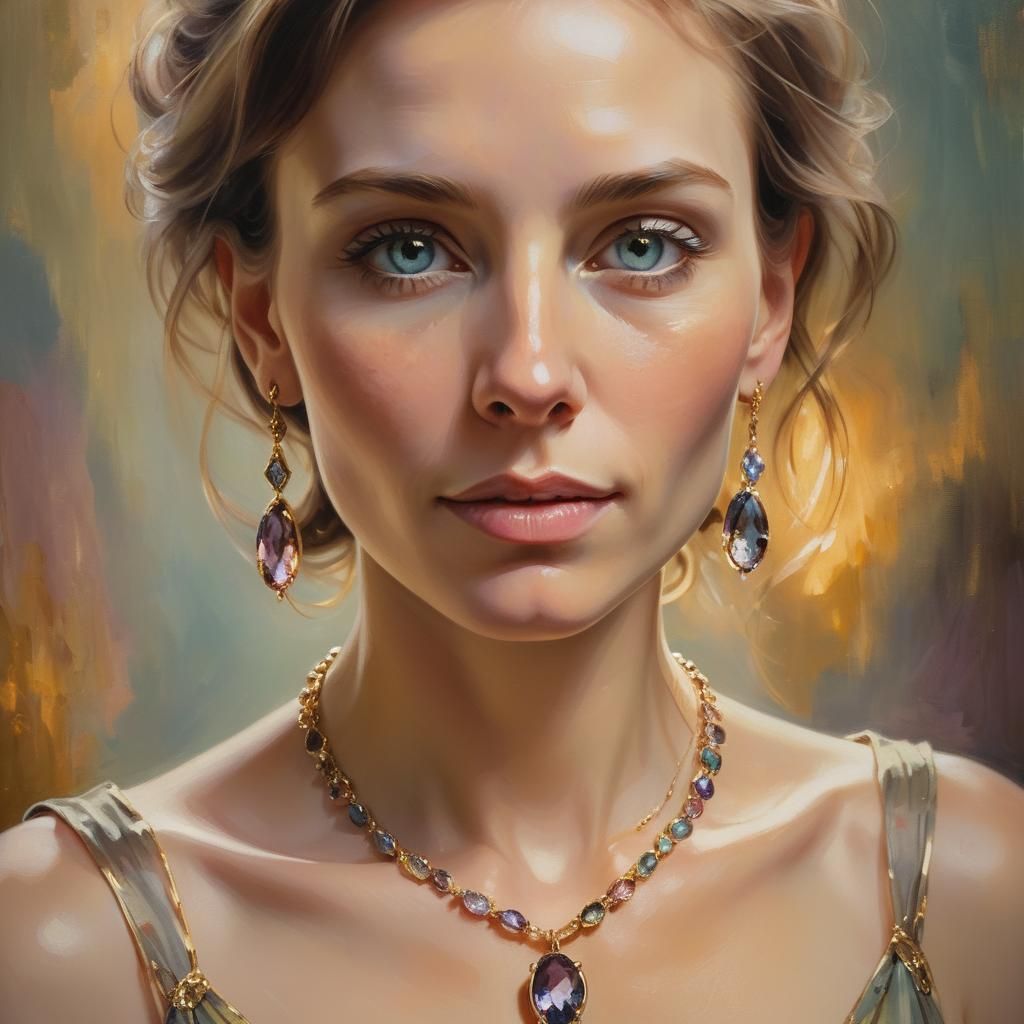 Woman's Portrait with Alexandrite Necklace as Oil Painting