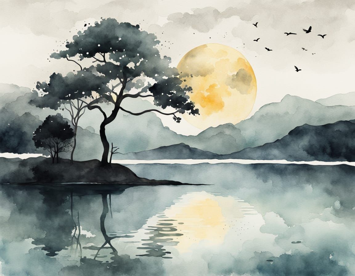 Dreamy Watercolor Moonlit Lake Scene