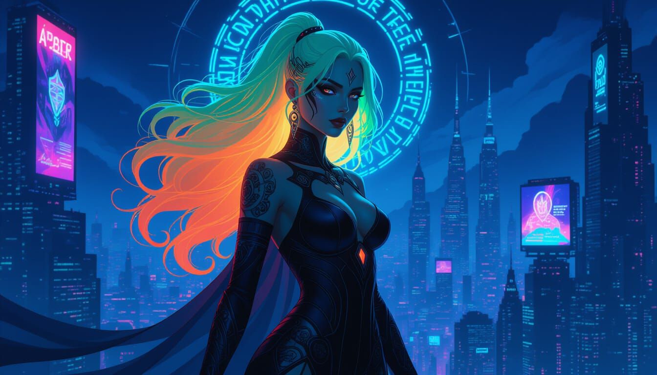 Neon Cyberpunk Goddess Portrait in Art Deco Style