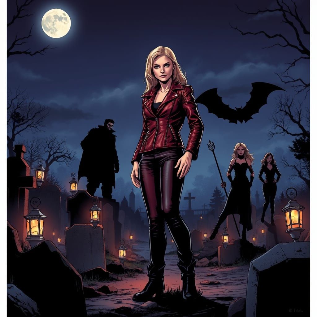 Dark Gothic Buffy Summers in Iconic Red Leather Jacket, Flan...
