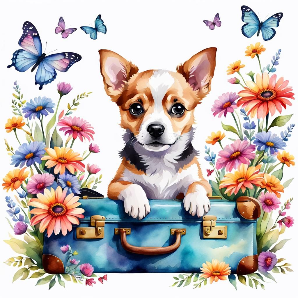 Dog in Suitcase Surrounded by Flowers, Watercolor Style