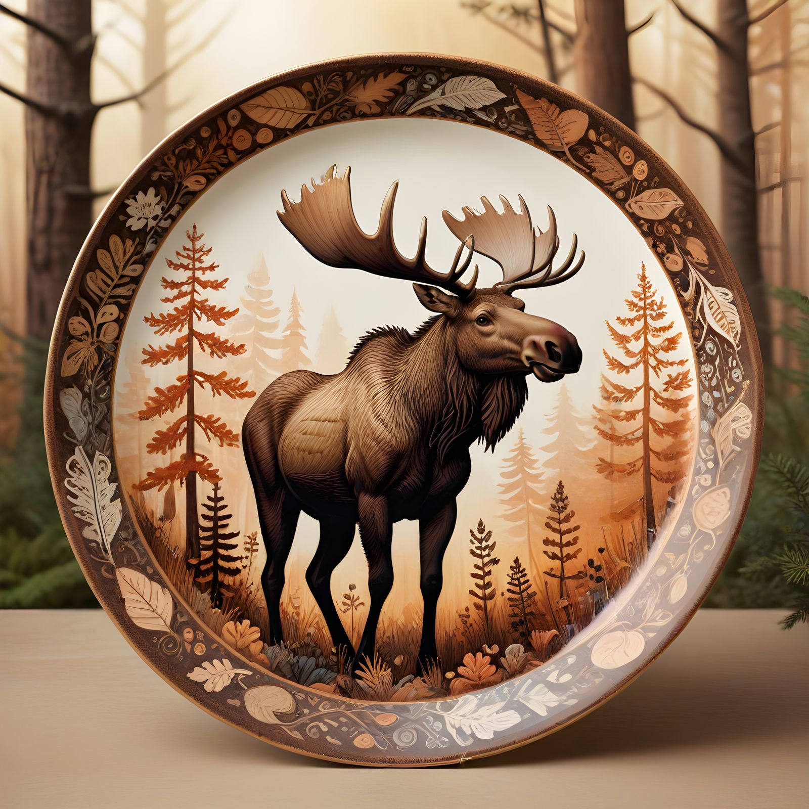 Mocha Moose in Earthy Forest Scene on Decorative Plate