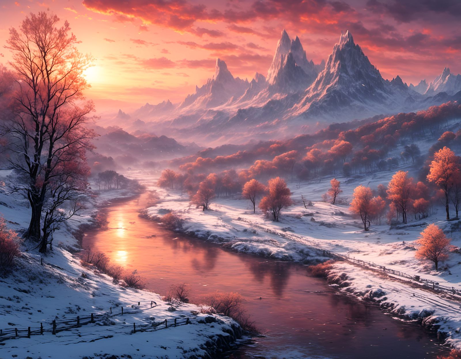 Winter River Sunset: Detailed Matte Painting in 8K