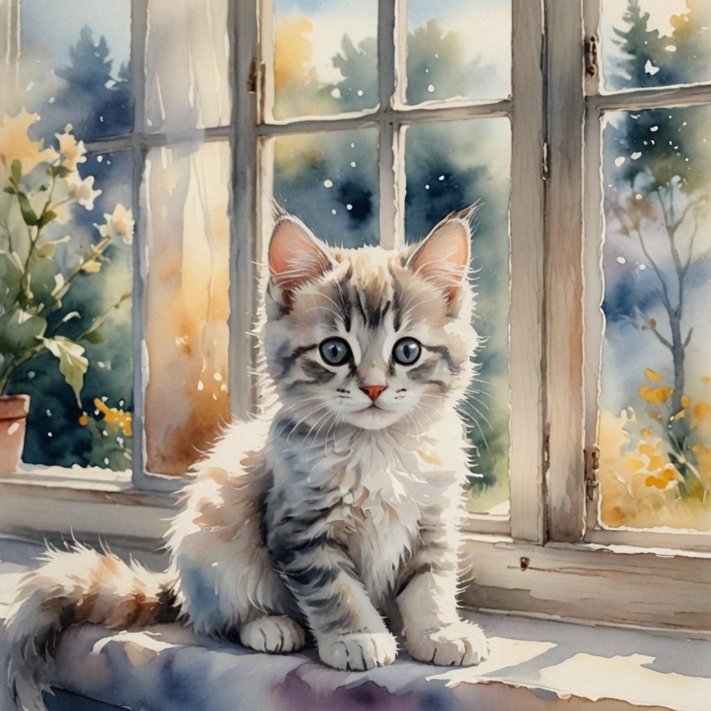 Kitten on Windowsill in Whimsical Watercolor Style