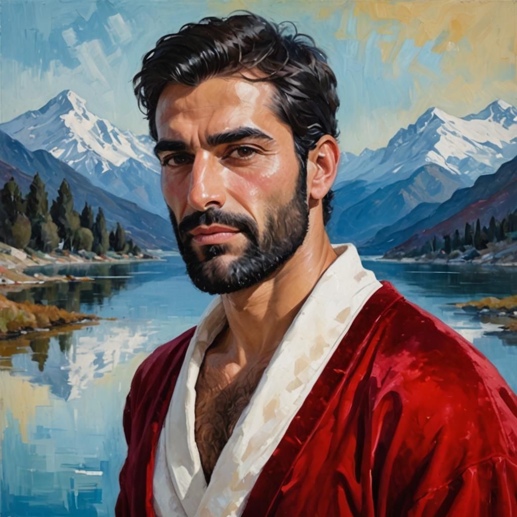 Pensive Man with Beard in Impressionist Mountain Portrait