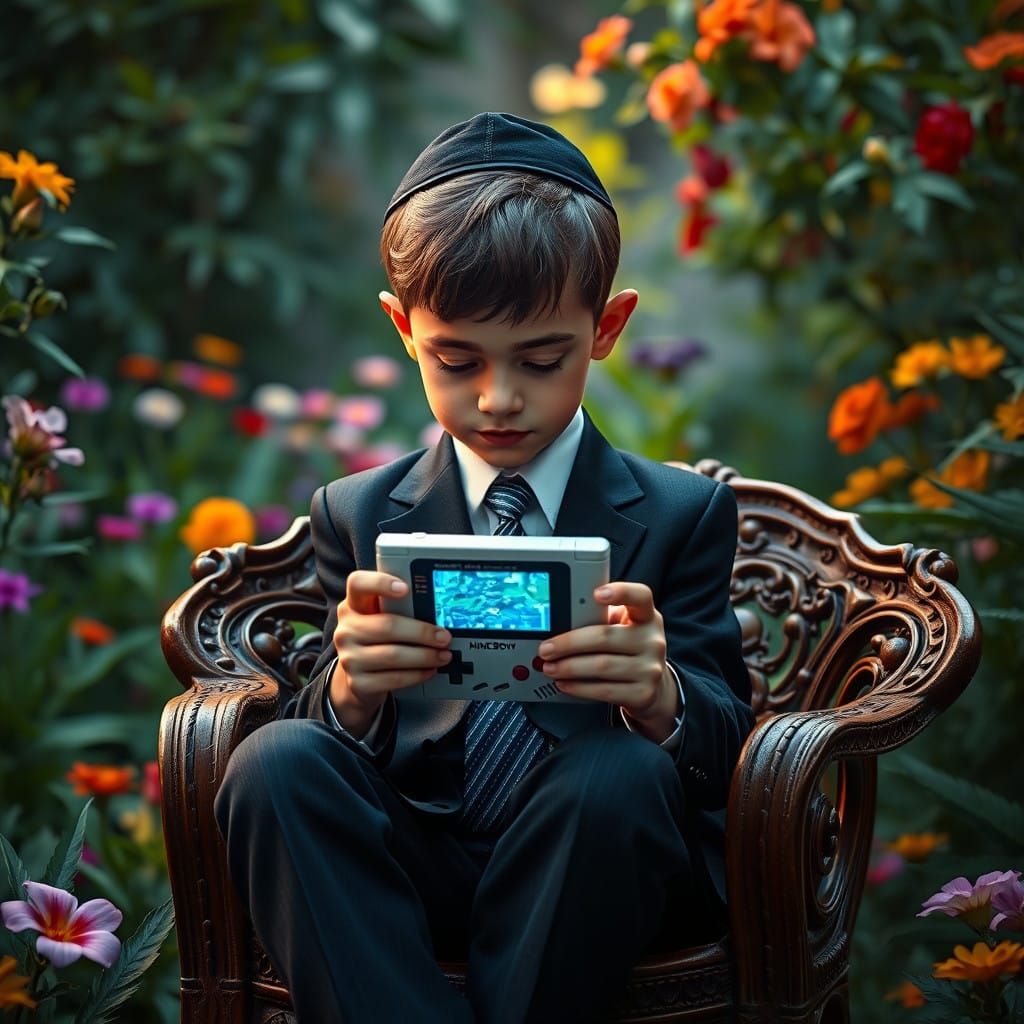 12-Year-Old Hasidic Boy in Whimsical Garden Scene