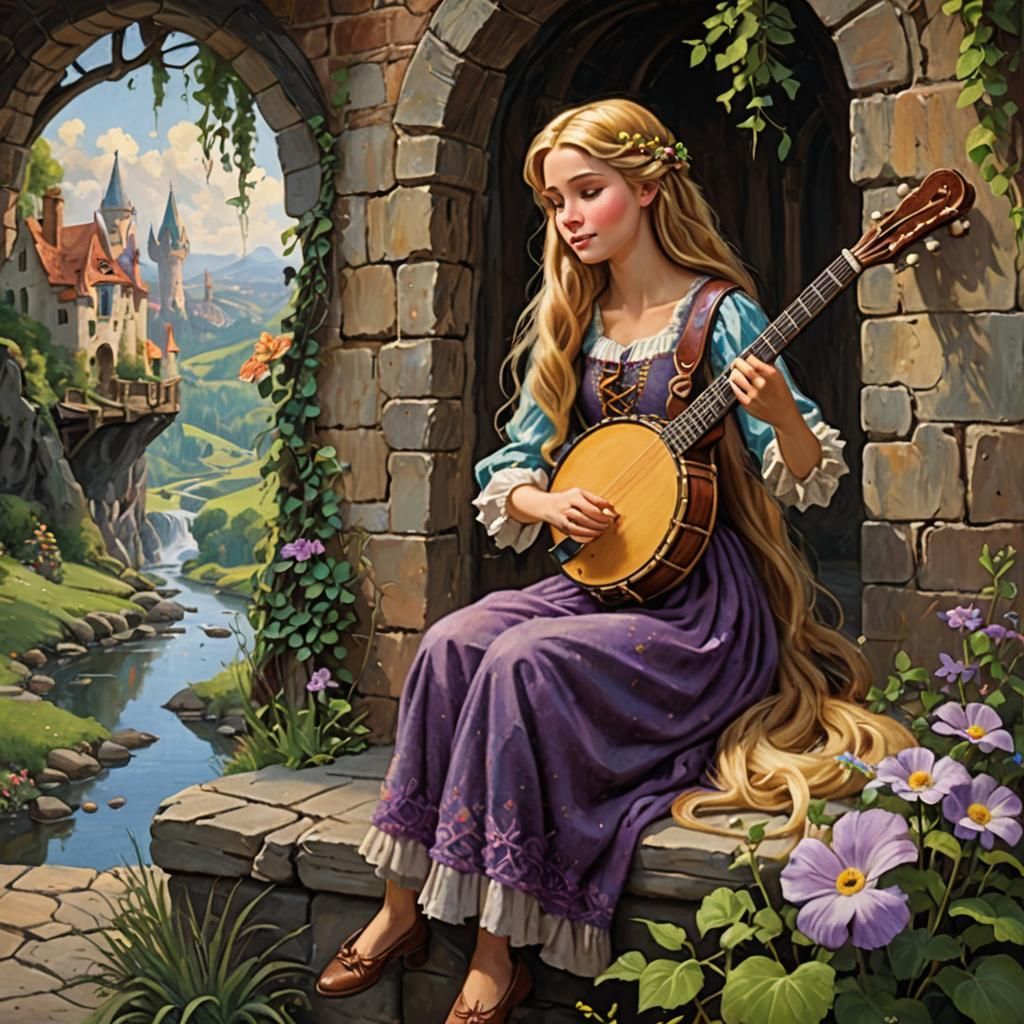 Rapunzel Plays Banjo: Oil Painting in Classical Realism