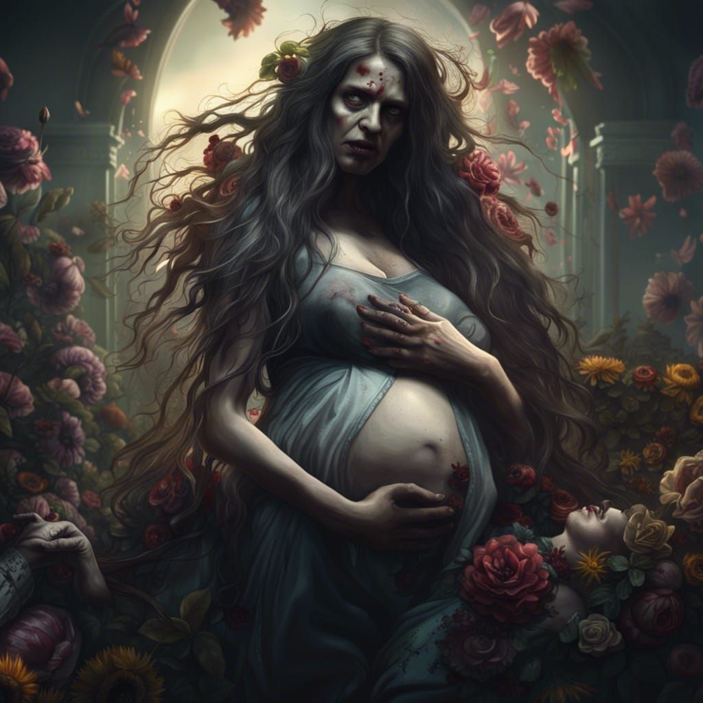 Pregnant Zombie Giving Birth with Flowers
