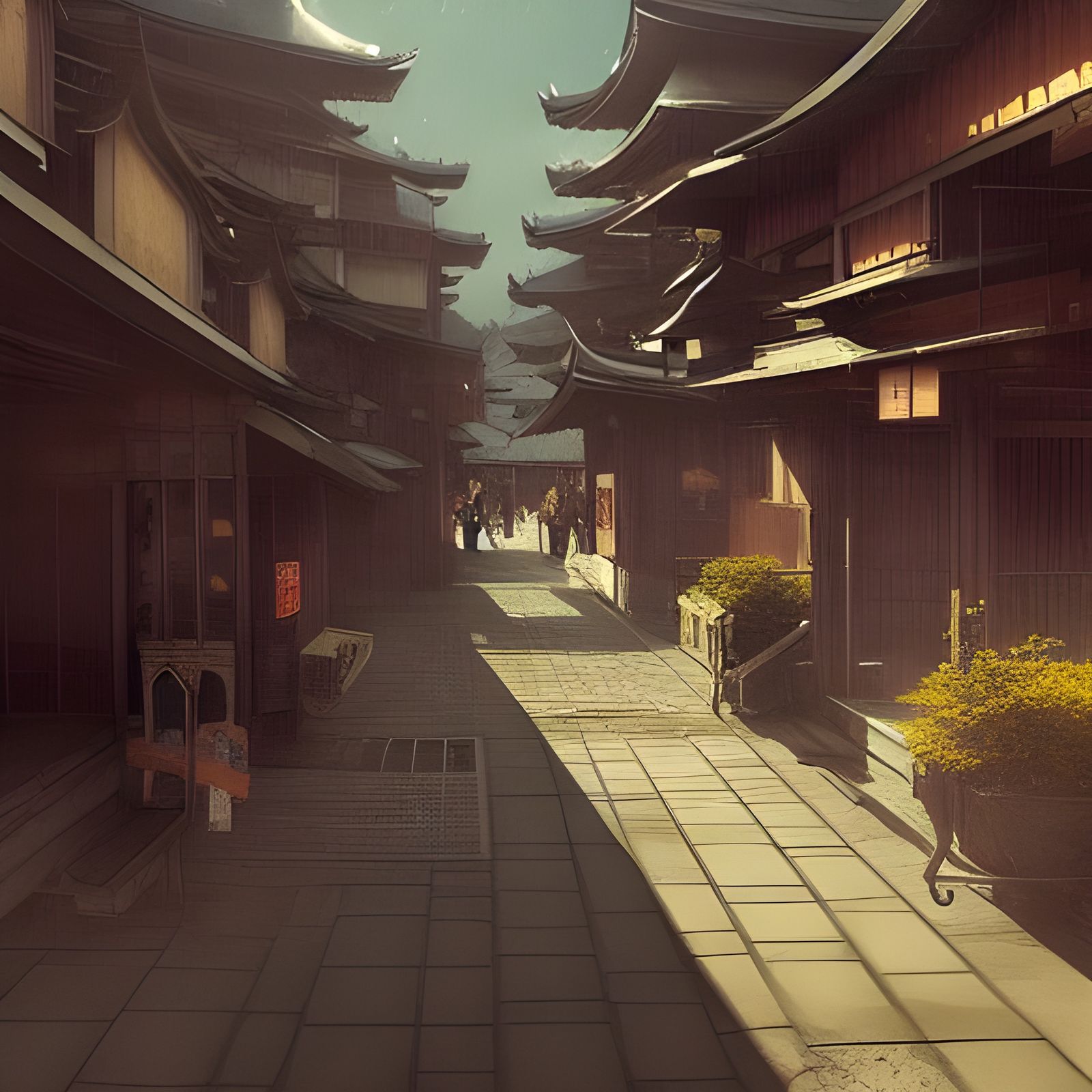 Sinister Japanese Town in Summer Sun, Fantasy Art