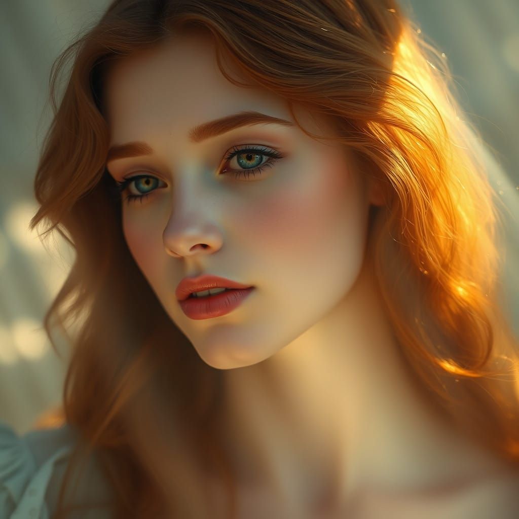 Ethereal Amber-Haired Woman in Heavenly Glow