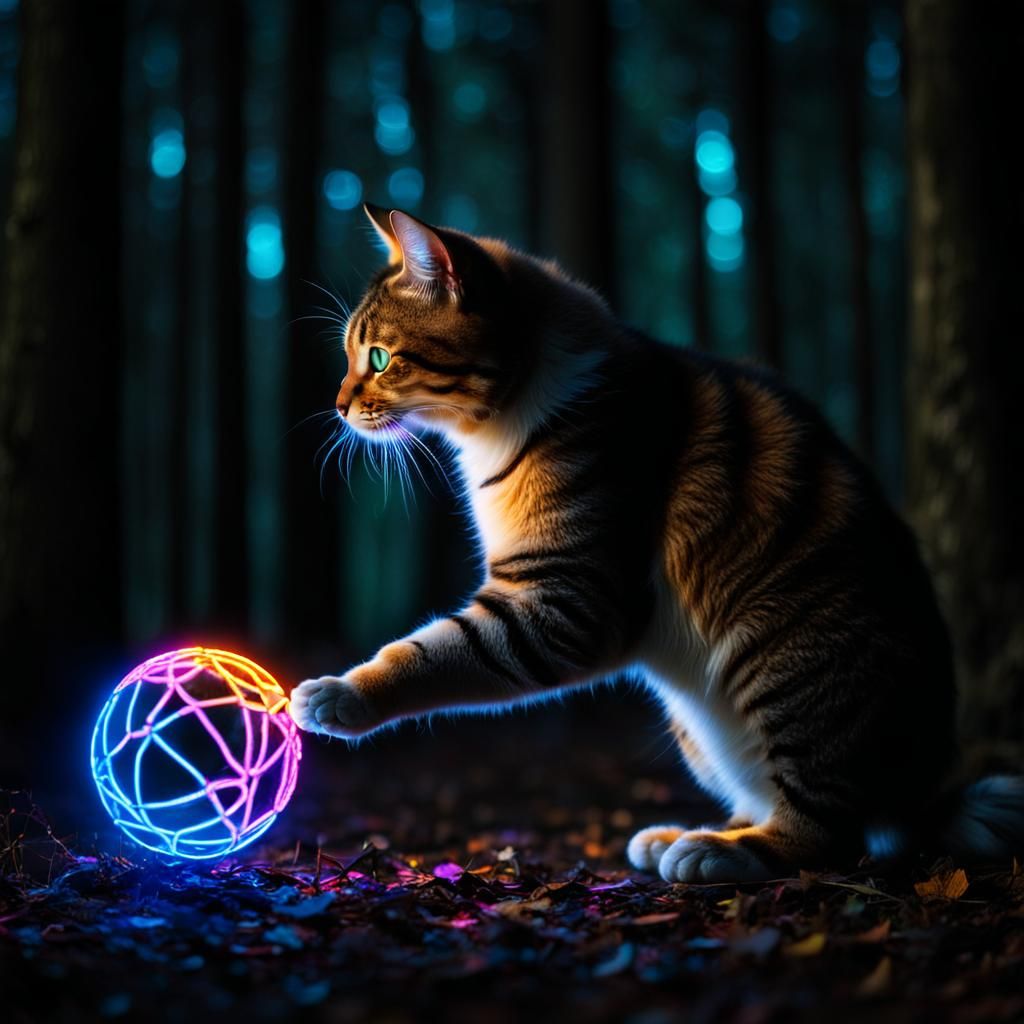 Magical Cat Playing with Neon Ball in Forest