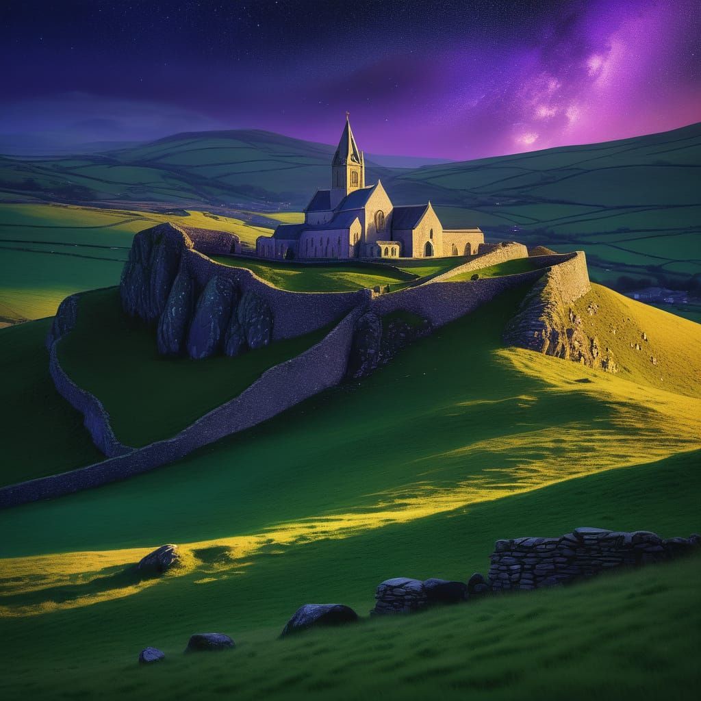 Irish Monastery Under Sapphire Stardust Sky