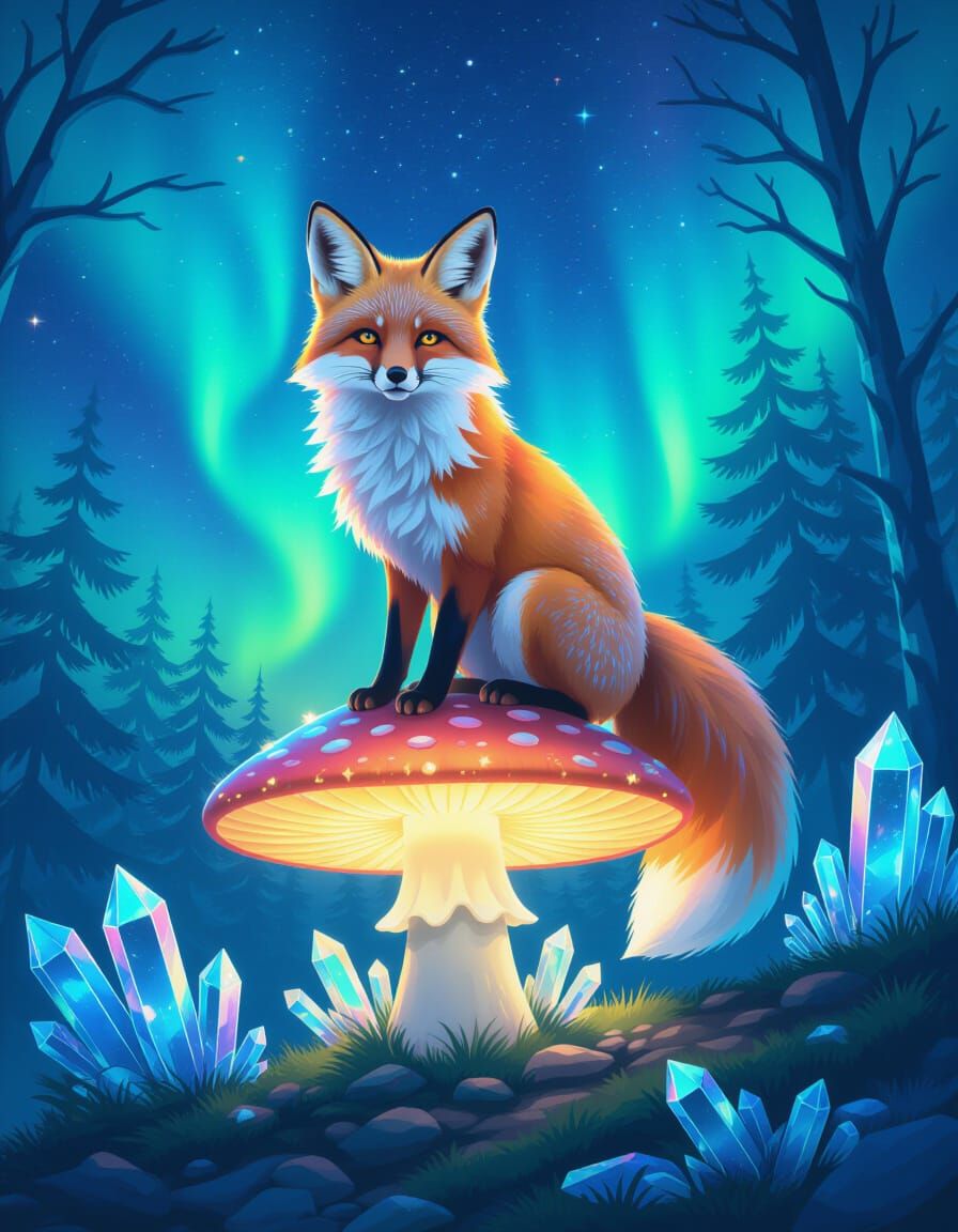 Iridescent Fox Perched on Luminous Mushroom