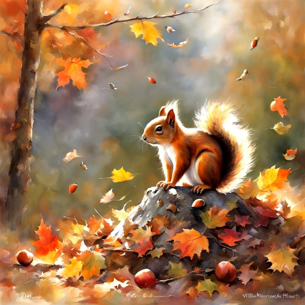 Cute Squirrel Pups Searching for Acorns in Autumn Leaves
