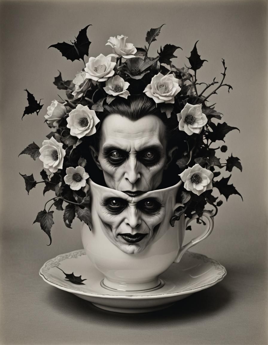 Brooding Vampire in Teacup, Ivory-White Photography