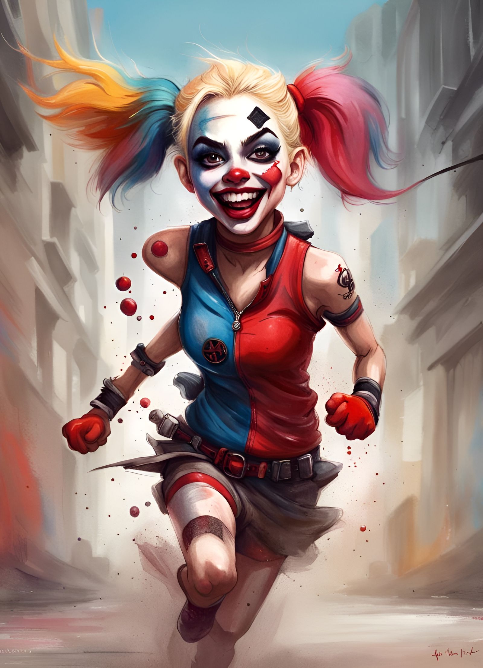 Harley Quinn Runs: Crayon Caricature in Vivid Colors