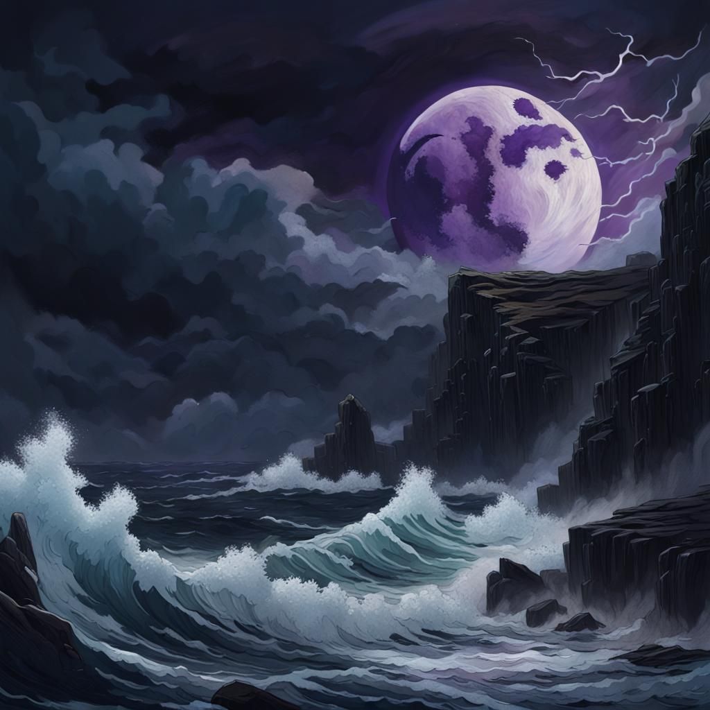Turbulent Sea Under Ominous Black Moon
