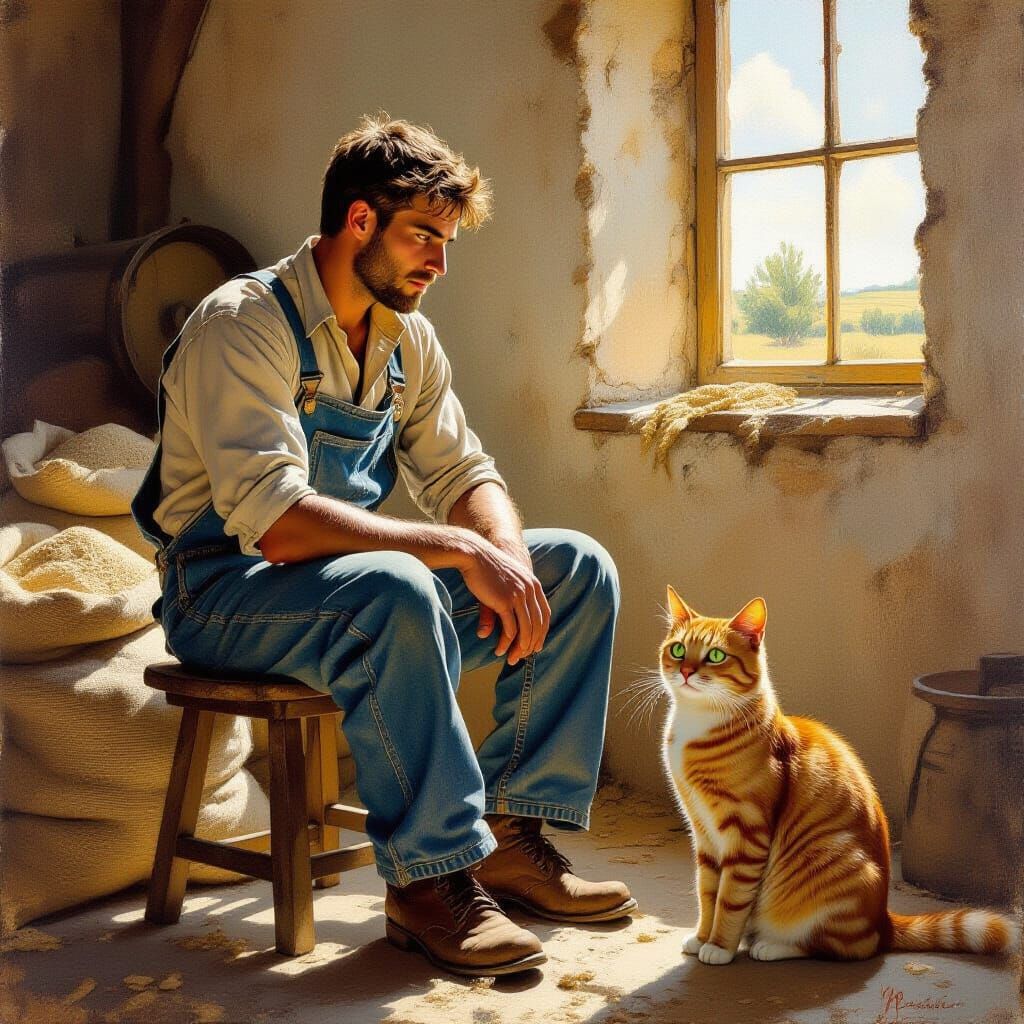 Tunisian Mill Scene with Young Man and Cat in Rural Realism ...