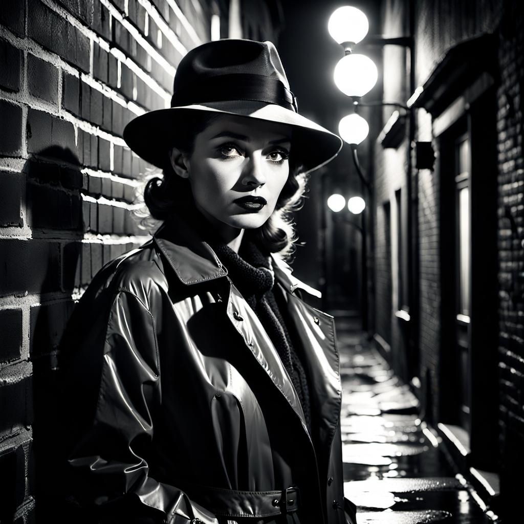 Film Noir Woman in Rainy City Alley