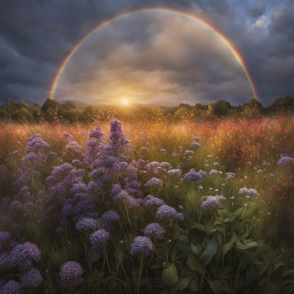 Rainbow Arching Over Wildflower Field At Golden Hour