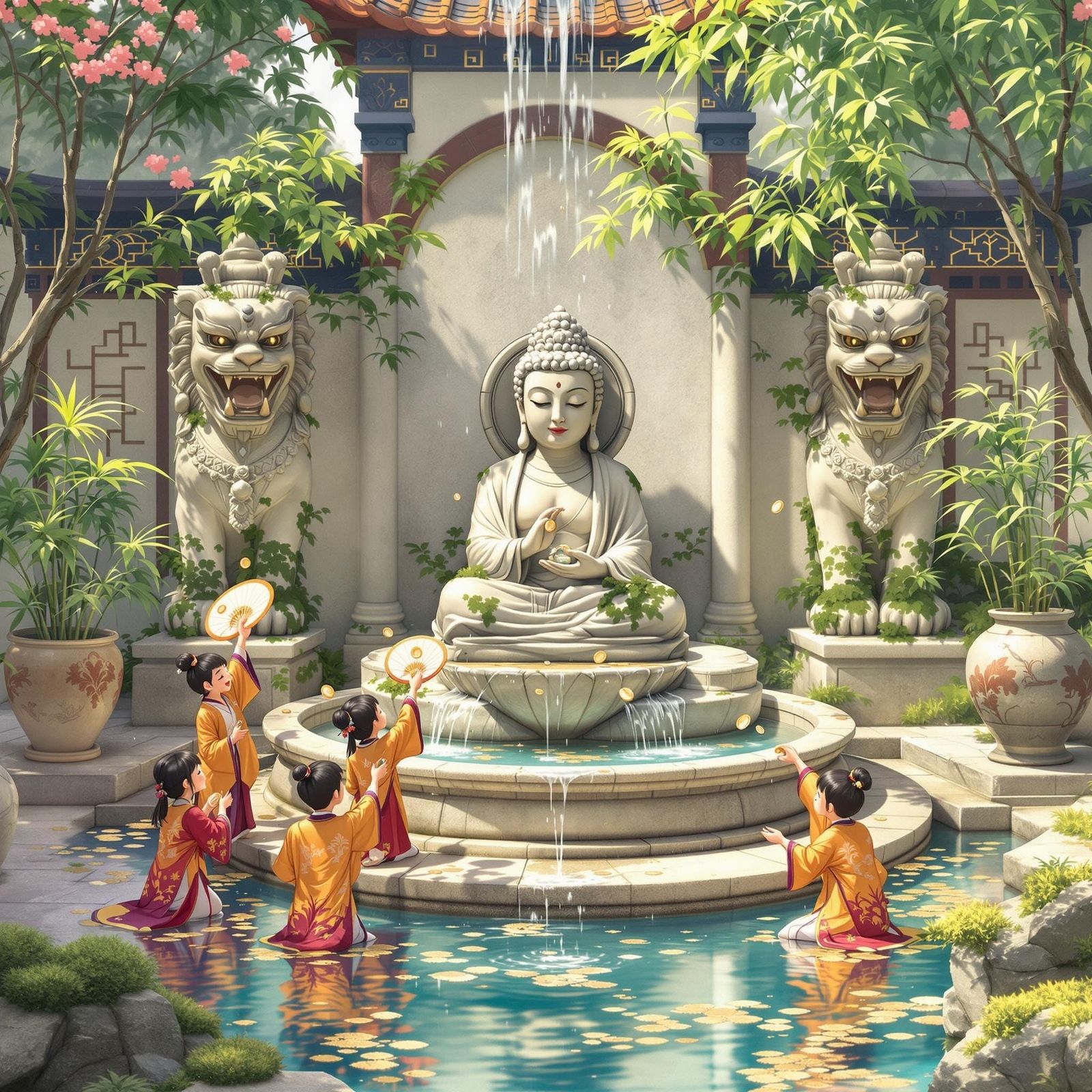 Intricately Dressed Figures Gather Around a Serene Chinese F...