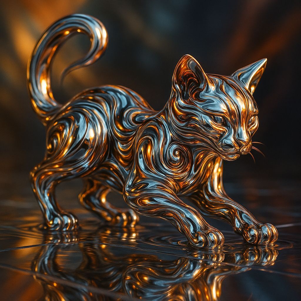 Futuristic Liquid Metal Cat Sculpture