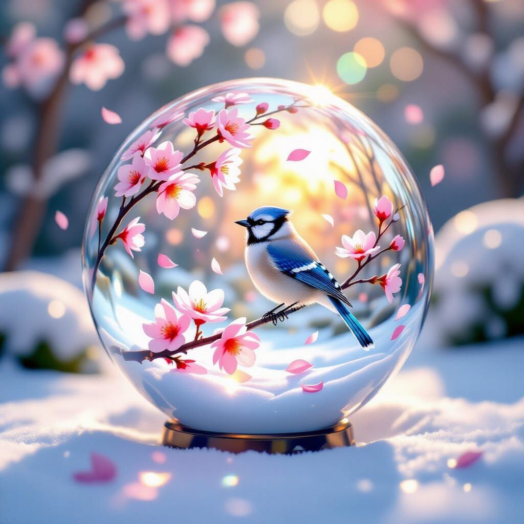 Glass Orb with Monet-Inspired Blue Jay Scene