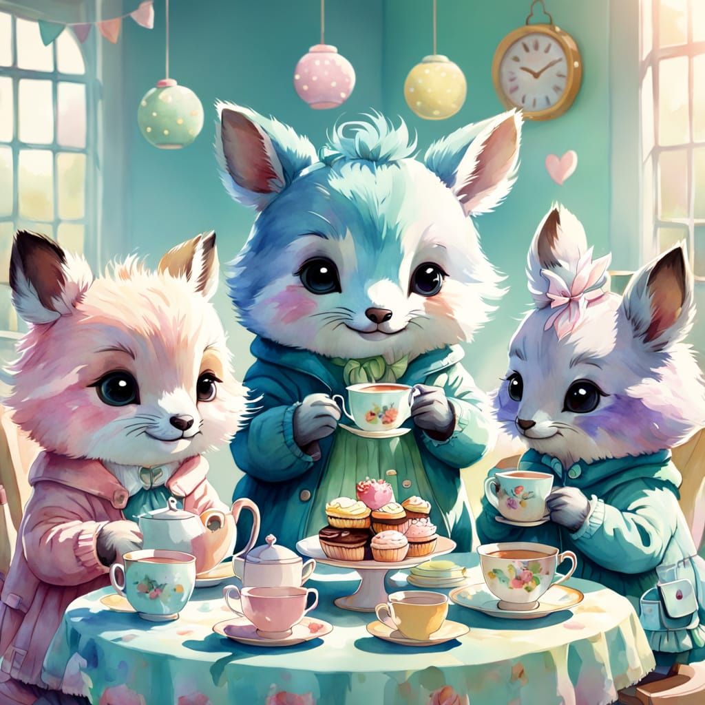 Pastel Cartoon Animals at Tea Party in Watercolor