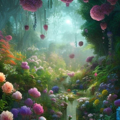 Courtyard Garden with Flowers: Hyperdetailed Fantasy Art