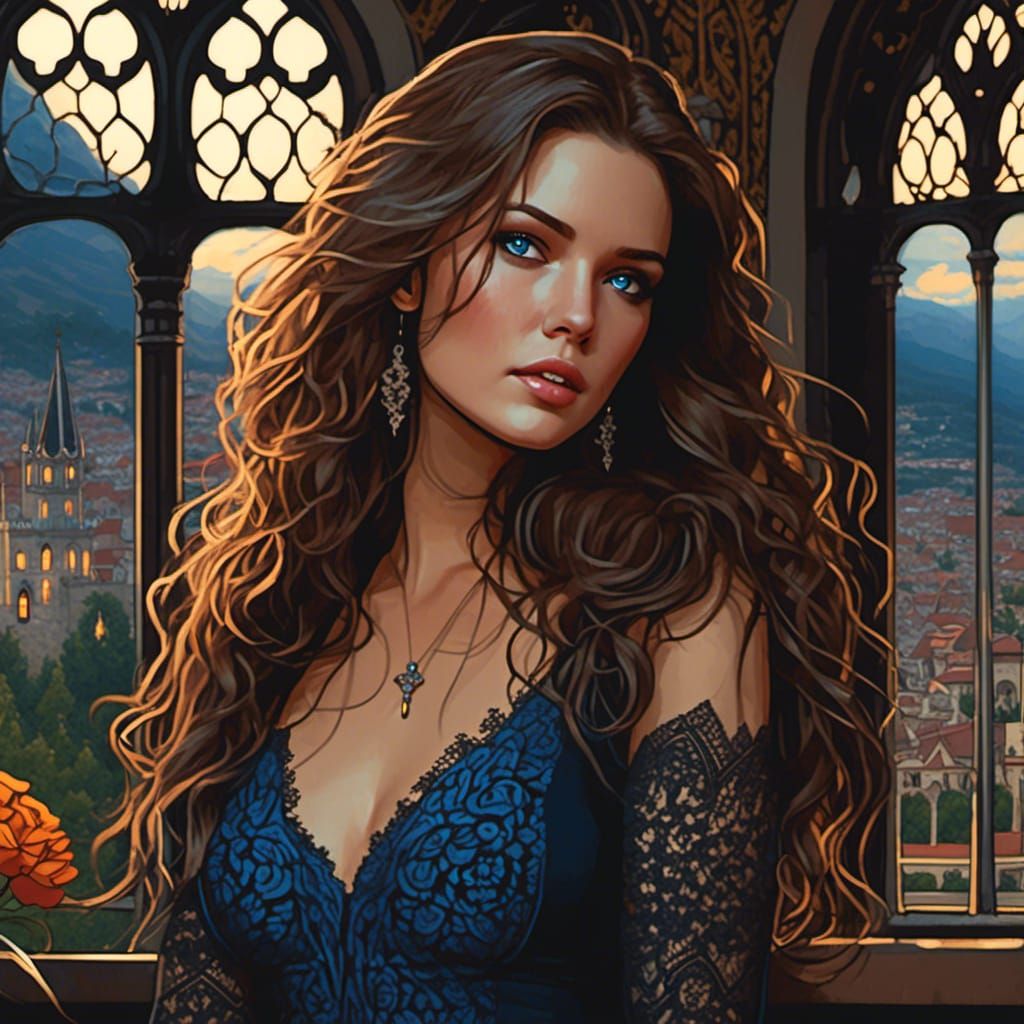 Woman on Castle Balcony in Photorealistic Style
