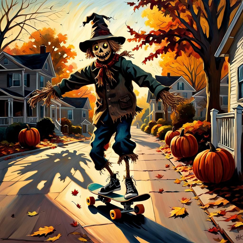 Eerie Scarecrow Skateboarding in Dark Surrealism