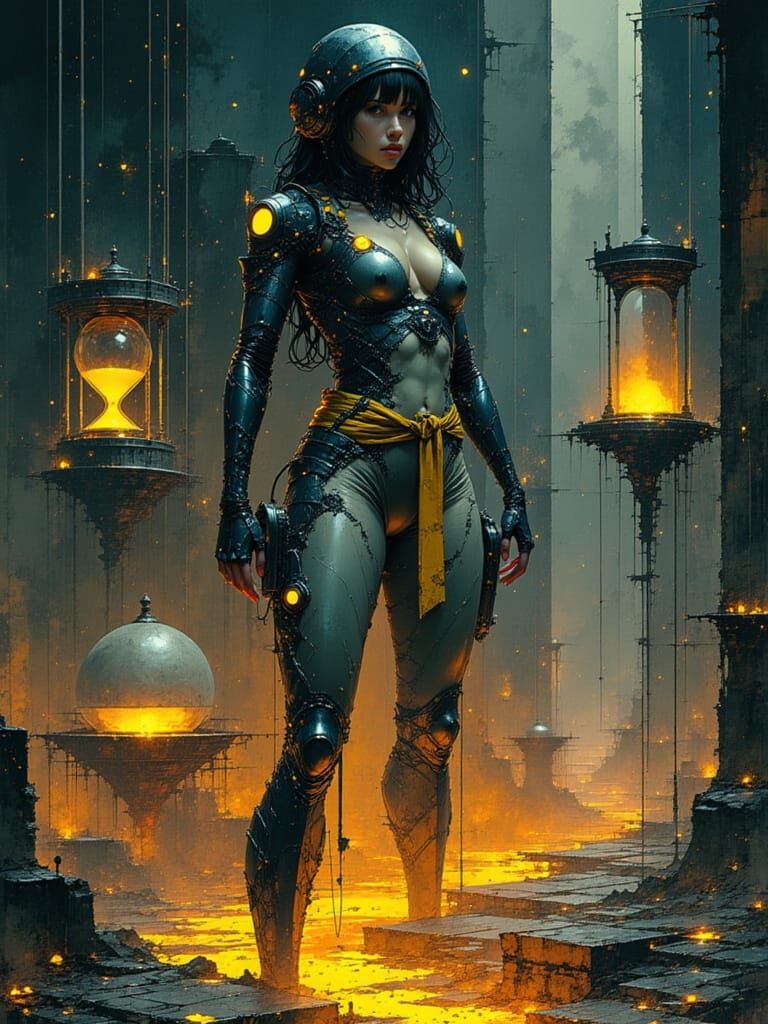 Cybernetic Warrior in Surreal Battlefield, Digital Art