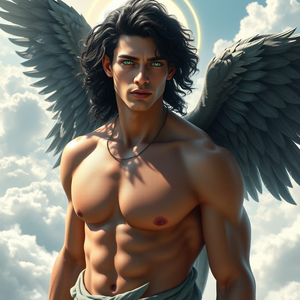 Sensual Fantasy Figure with Emerald Eyes and Divine Wings