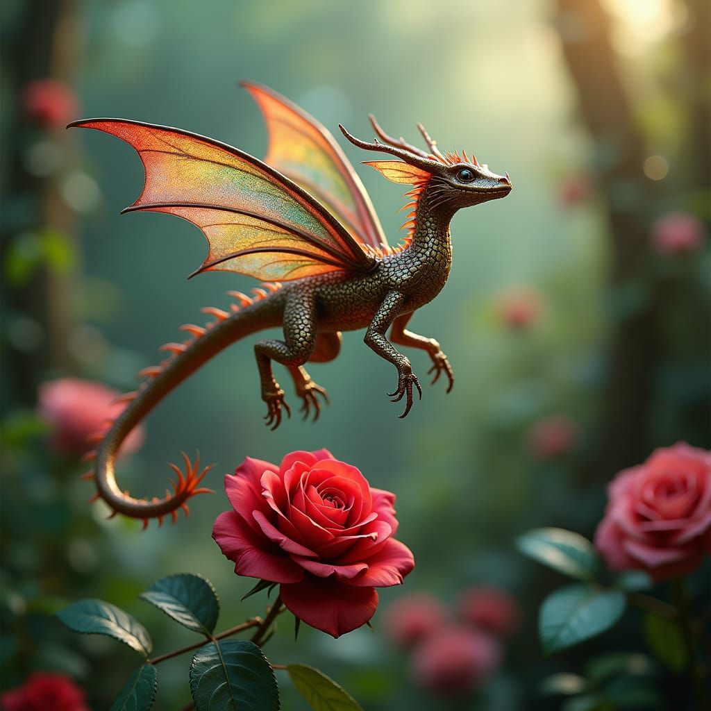 Bronze Fairy Dragon with Rose, Digital Art