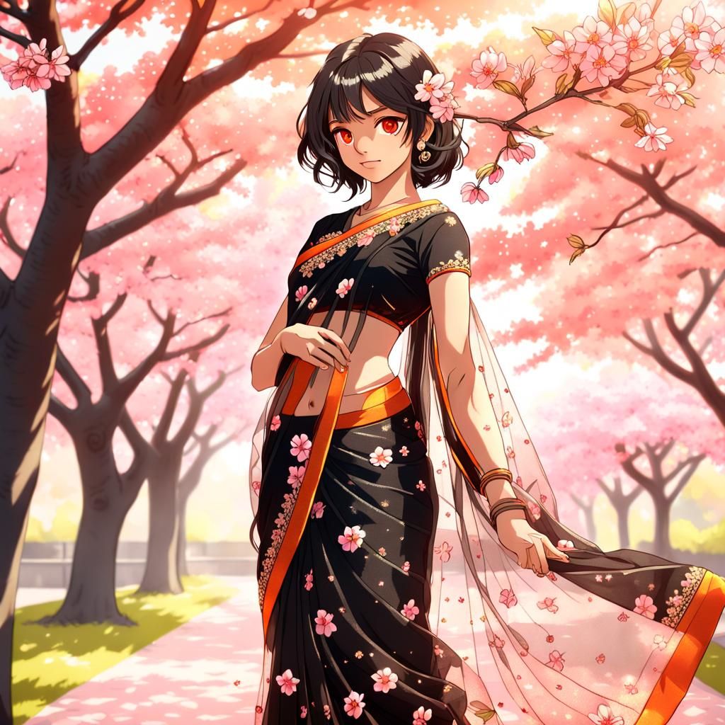 Anime Woman in Sabyasachi Saree Under Cherry Blossoms